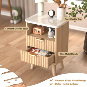 Fluted Nightstand Set of 2 with Drawer & Open Shelf — Oak