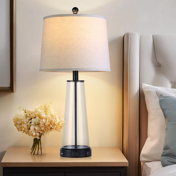 Glass Table Lamp Set of 2 with USB-C, USB-A & AC Outlet, 3-Way Touch Dimmable Bedside Lamp