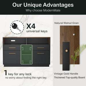 4 Drawer Wood File Cabinet with Lock, Power Strip & Storage Shelves