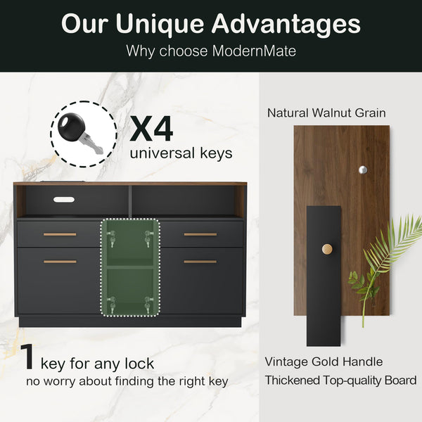 4 Drawer Wood File Cabinet with Lock, Power Strip & Storage Shelves