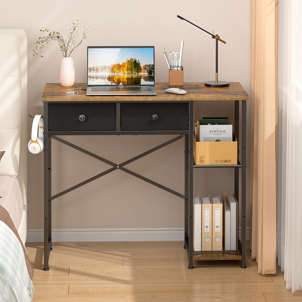 Small Computer Desk with Drawers & Storage Shelves