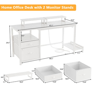 47" Computer Desk with File Cabinet, Power Outlets & Monitor Stands