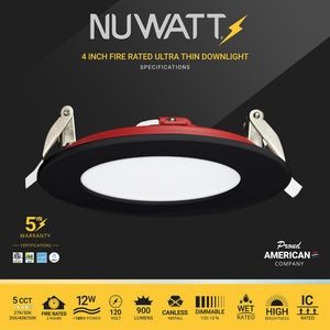 4-Inch Fire Rated LED Recessed Lights 12-Pack, 5CCT Dimmable Canless Wafer Downlights, Black