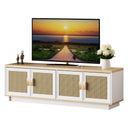 PROXRACER Rattan TV Stand for 65 Inch TV, Boho Media Console with 4 Woven Cane Doors, Modern Farmhouse Entertainment Center, Low Profile TV Cabinet with Storage for Living Room, White & Light Wood