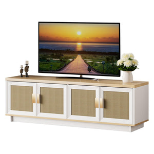 PROXRACER Rattan TV Stand for 65 Inch TV, Boho Media Console with 4 Woven Cane Doors, Modern Farmhouse Entertainment Center, Low Profile TV Cabinet with Storage for Living Room, White & Light Wood