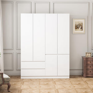 4-Door Armoire Wardrobe Closet with Drawers & Hanging Rod