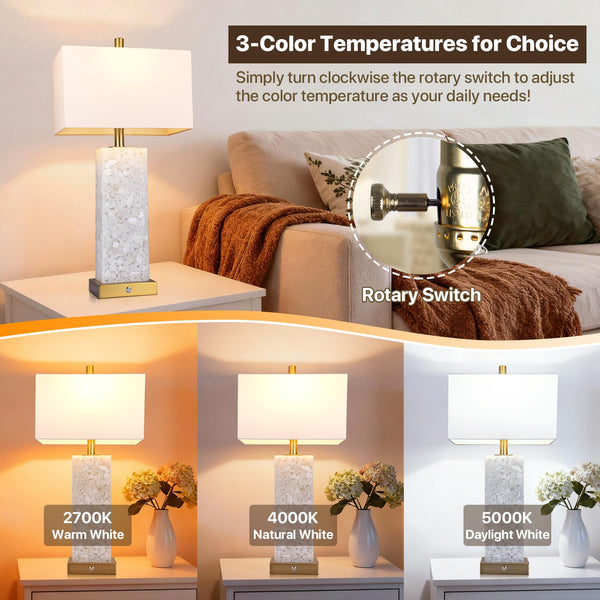 Marble Nightstand Lamps Set of 2 with USB Ports & 3-Color Temperature LED