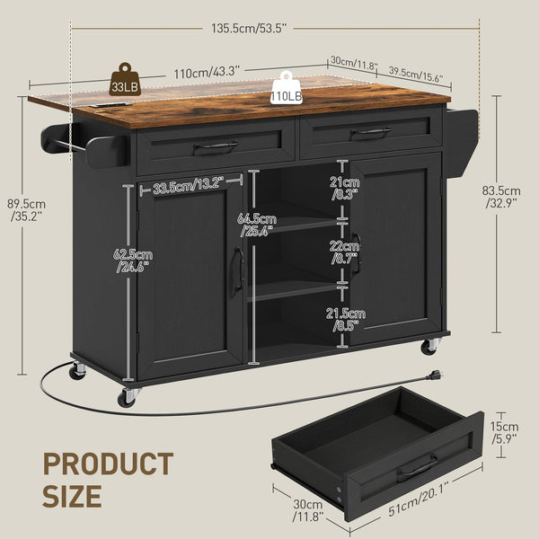 Kitchen Island with Power Outlets & Drop Leaf