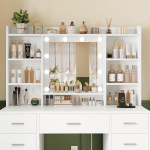 White Vanity Desk with Mirror, Lights & 9 Drawers