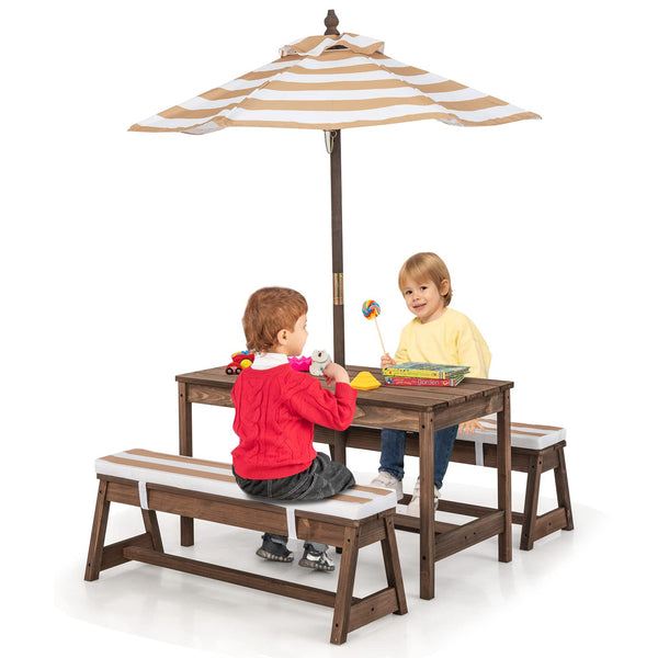 Kids Outdoor Wooden Picnic Table & Bench Set with Umbrella
