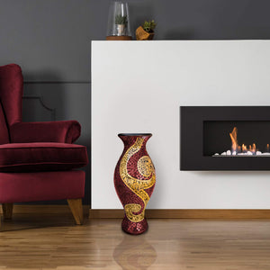 Mosaic Terracotta Floor Vase – 24 Inch Tall Cylinder, Ruby Red & Gold