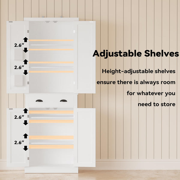 Kitchen Pantry Storage Cabinet with Barn Doors & Drawer — White, 72.6"H