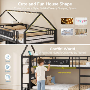 Twin Over Twin Low Bunk Bed with Storage Drawers & House Design