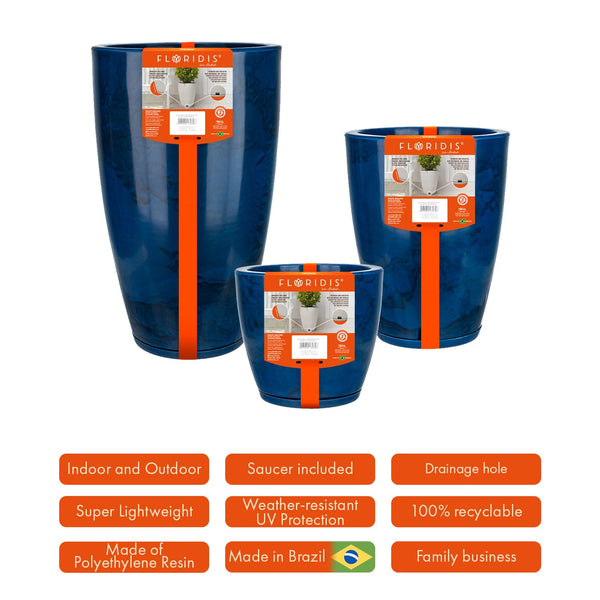 Blue Plastic Plant Pots Set of 3 with Drainage Hole and Saucer
