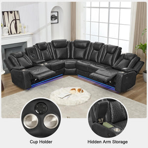 Power Reclining Sectional Sofa – Grey, 6-Seat Faux Leather with Bass Speaker & Wireless Charger