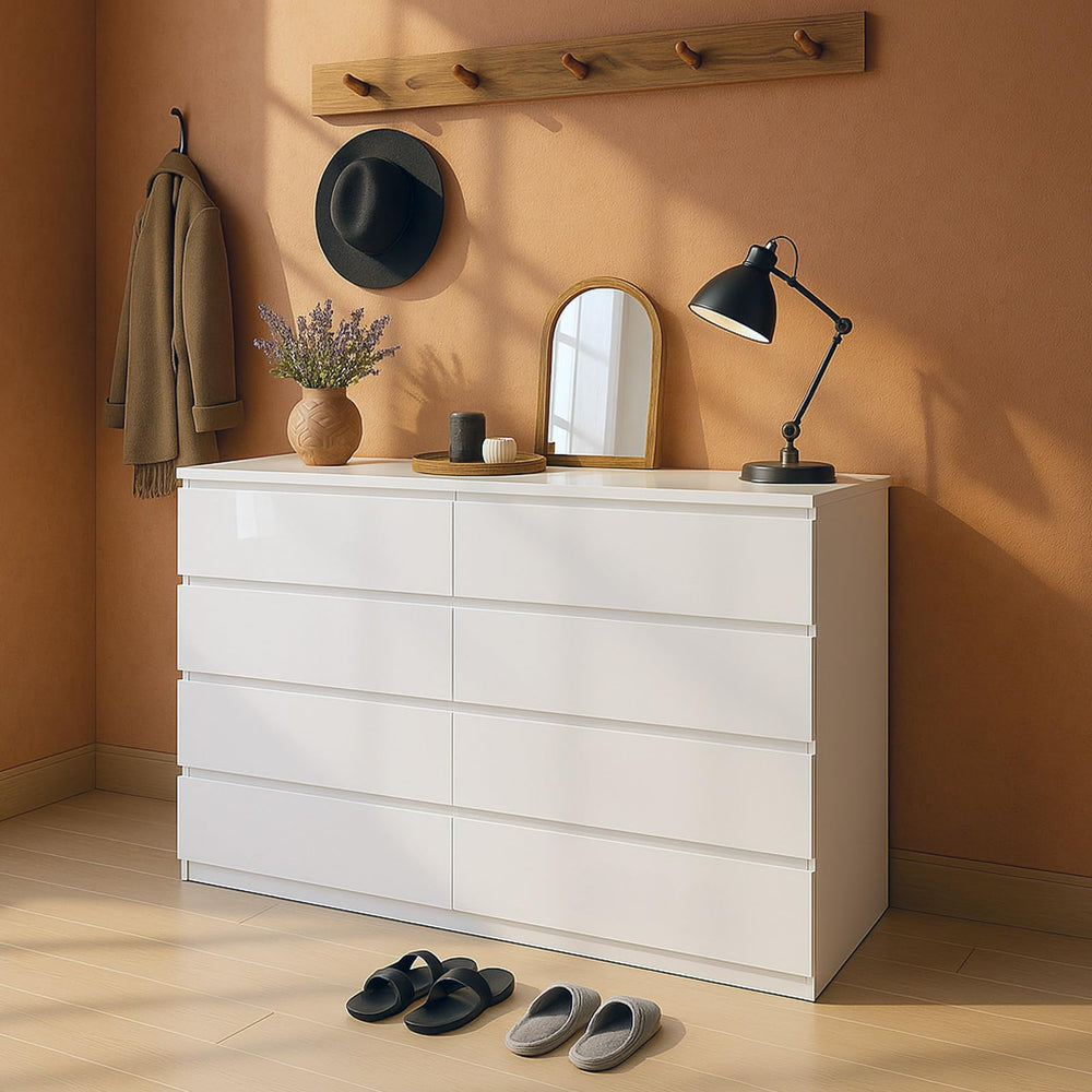 8-Drawer White Wood Dresser with Storage