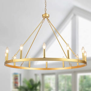 5-Light Farmhouse Chandelier – Distressed White, Rustic Wood, Adjustable Height