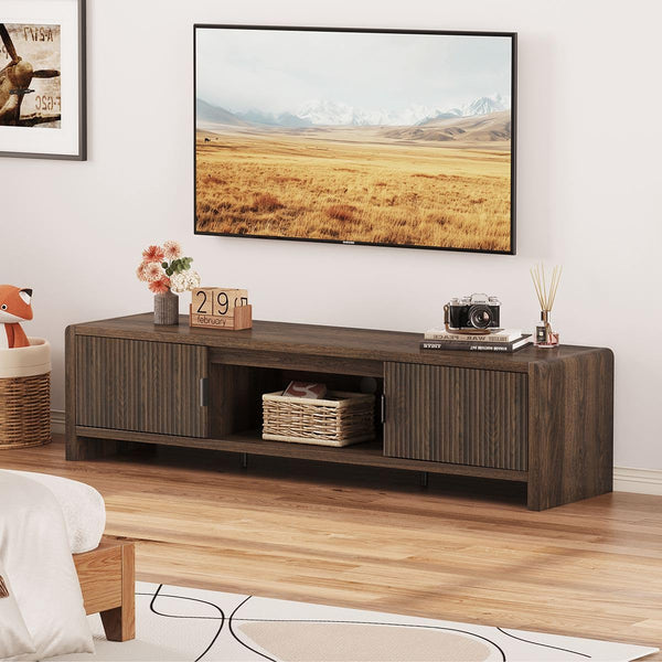Mid Century Modern TV Stand with Waveform Fluted Doors, 63 Inch