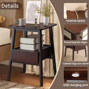 Mid-Century Modern Bamboo Nightstand with Drawer & Open Shelf