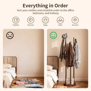 Rotating Solid Wood Coat Rack with 3 Shelves & 9 Hooks