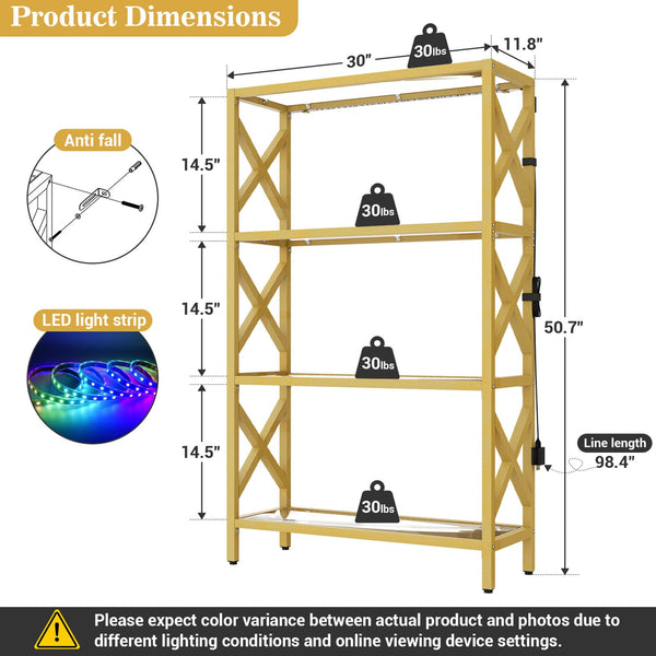 4-Tier Glass Bookshelf with LED Lights