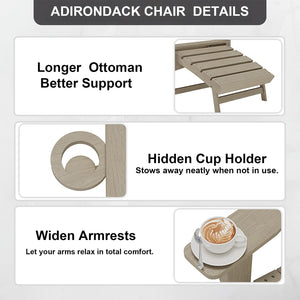 Folding Adirondack Chair with Retractable Ottoman & Cup Holder — HDPE All-Weather Outdoor Lounge Chair