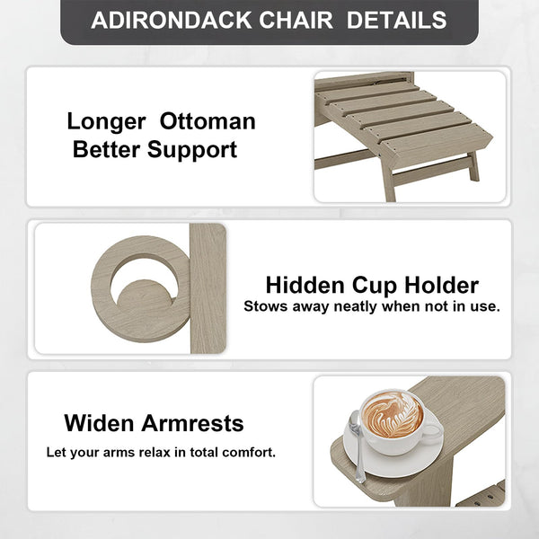 Folding Adirondack Chair with Retractable Ottoman & Cup Holder — HDPE All-Weather Outdoor Lounge Chair