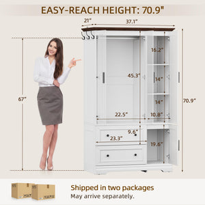 Armoire Wardrobe Closet with Drawers, Hanging Rod & Soft-Close Doors