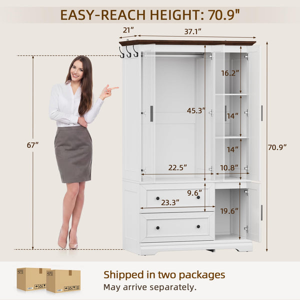 Armoire Wardrobe Closet with Drawers, Hanging Rod & Soft-Close Doors