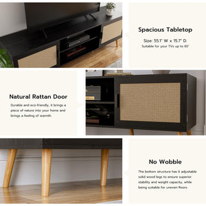 65-Inch TV Stand with Rattan Doors & Storage Cabinets