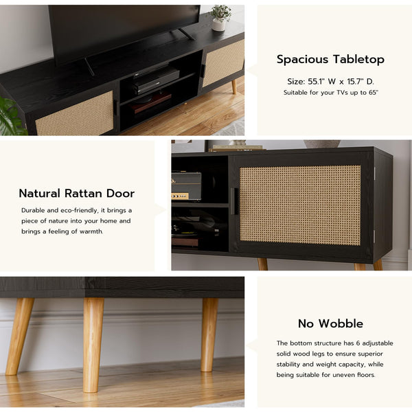 65-Inch TV Stand with Rattan Doors & Storage Cabinets