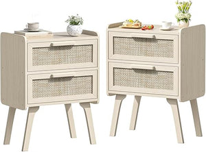 Boho Rattan Nightstand with 2 Drawers & Solid Wood Legs