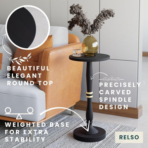 Round Solid Wood Black Side Table – 24" Tall Narrow Accent End Table