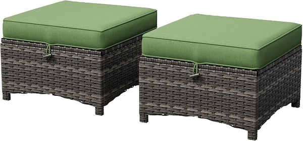 Outdoor Wicker Patio Ottomans Set of 2 with Cushion