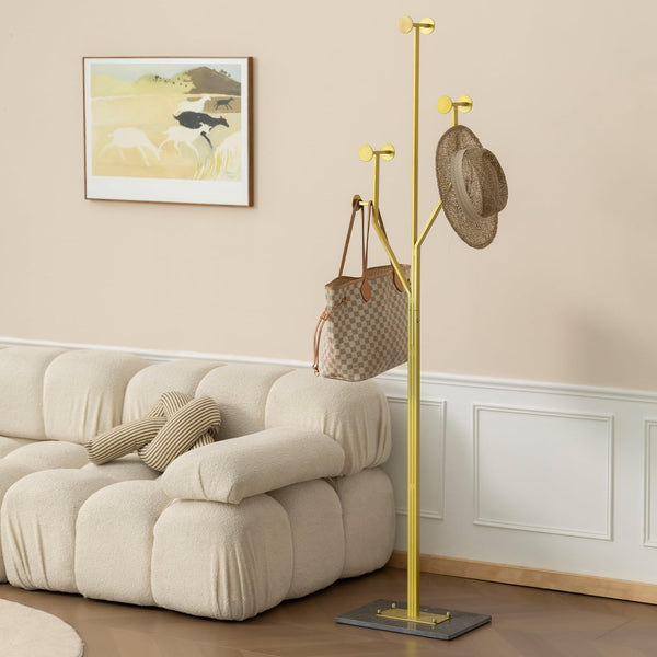 Tree-Shaped Metal Coat Rack with Marble Base – 8 Hooks, 68.9" Tall