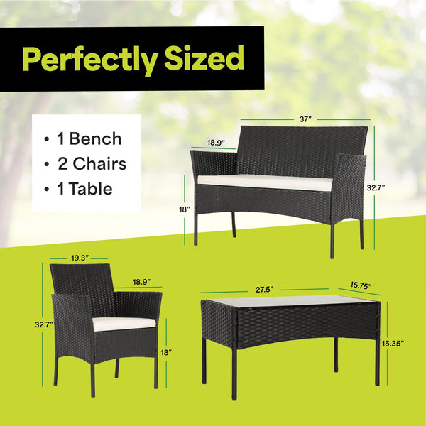 4-Piece Wicker Patio Conversation Set with Cushions & Glass Coffee Table