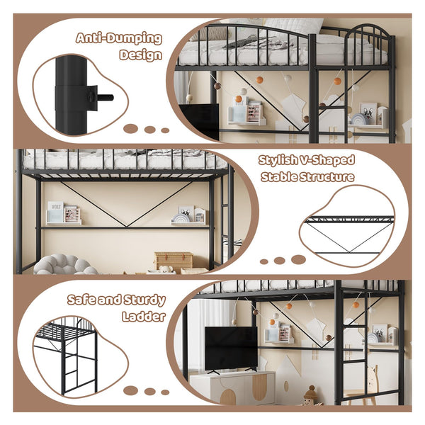 Twin Metal Loft Bed Frame with Guardrail and Safety Ladder