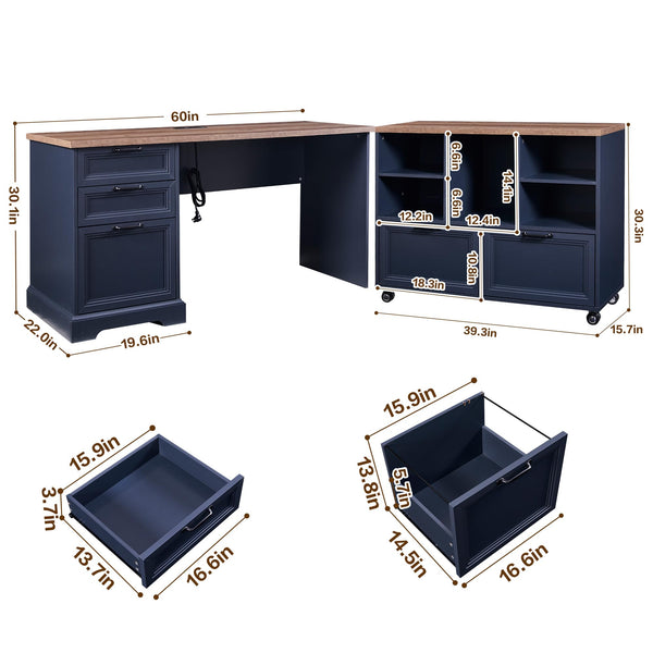 L-Shaped Executive Desk with Adjustable File Cabinet and Charging Station