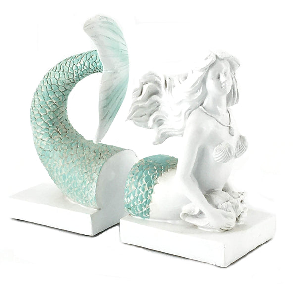 Mermaid Bookends Antique White Shelf Decor 9 Inch