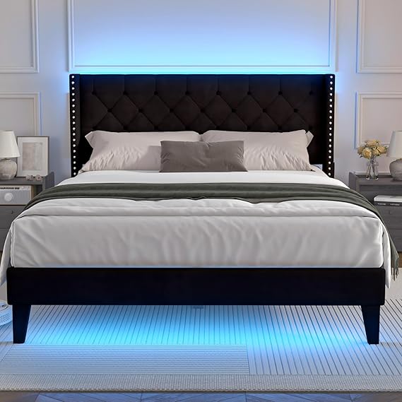 LED Upholstered Platform Bed Frame with Headboard & Footboard