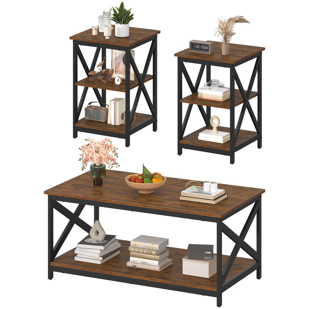 Industrial X-Design Coffee Table Set of 3 with Storage
