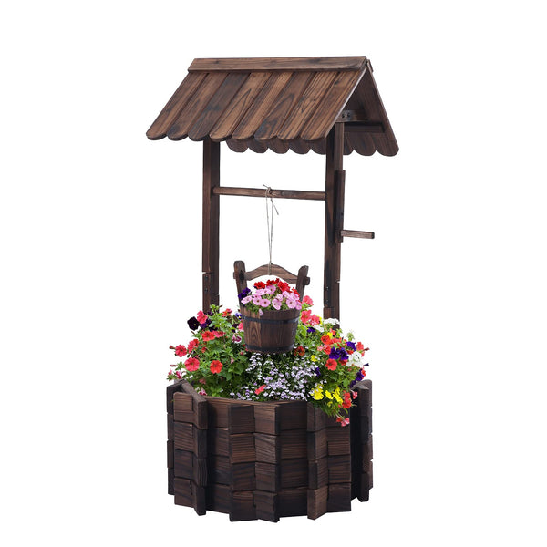 Rustic Wooden Garden Planter Wagon & Wishing Well