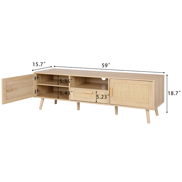 59-Inch Boho Rattan TV Stand with Storage