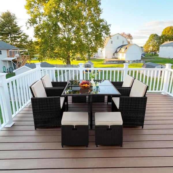 9-Piece Outdoor Patio Dining Set with Glass Table & Rattan Chairs