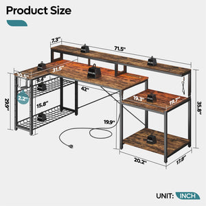 L-Shaped Corner Desk with Power Outlets & LED Monitor Stand
