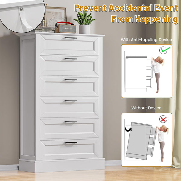 White 6-Drawer Tall Dresser – Modern Farmhouse Chest of Drawers