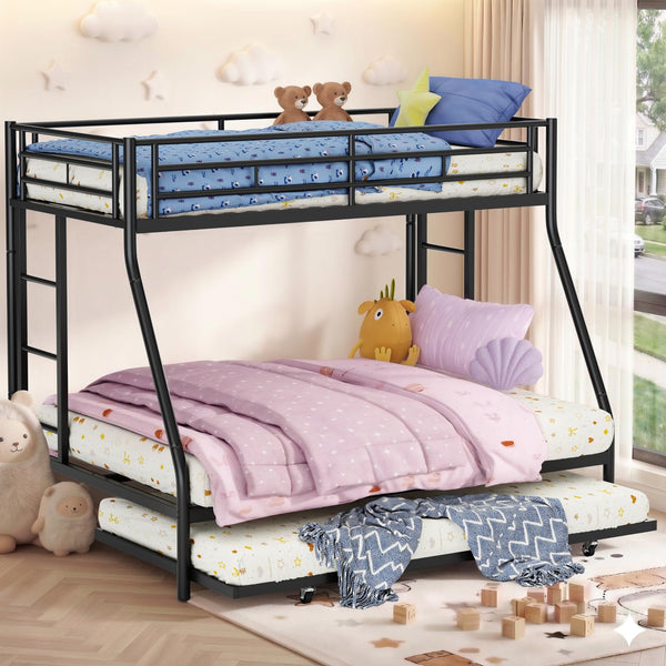 Metal Triple Bunk Bed with Trundle – Twin Over Full, Space-Saving Steel Frame