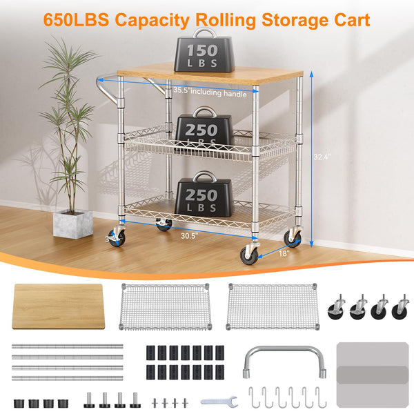 3-Tier Rolling Kitchen Cart with Wood Top