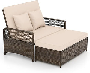 Outdoor Rattan Daybed Loveseat Set with Storage Ottoman & Cushions