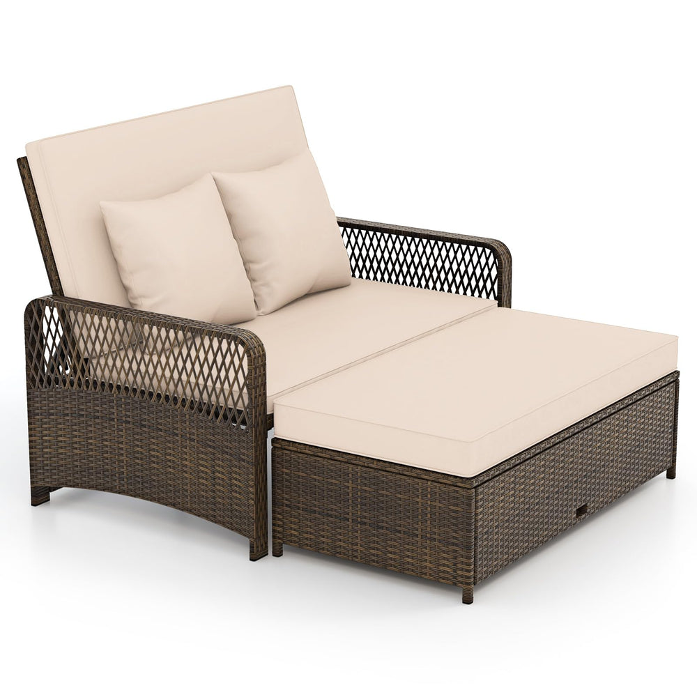 Patio Rattan Daybed Loveseat Set with Storage Ottoman & Cushions